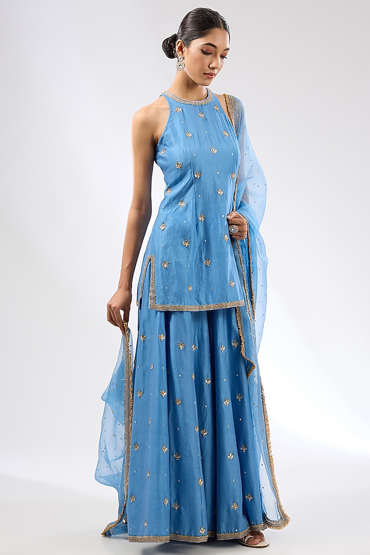 Cerulean Blue Chanderi Zardosi Boota Embroidered Wedding Sharara Set by Priyal Prakash at Pernia's Pop Up Shop