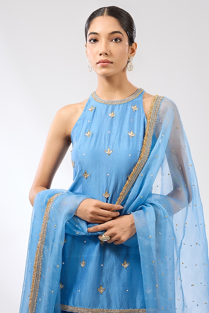 Cerulean Blue Chanderi Zardosi Boota Embroidered Wedding Sharara Set by Priyal Prakash at Pernia's Pop Up Shop
