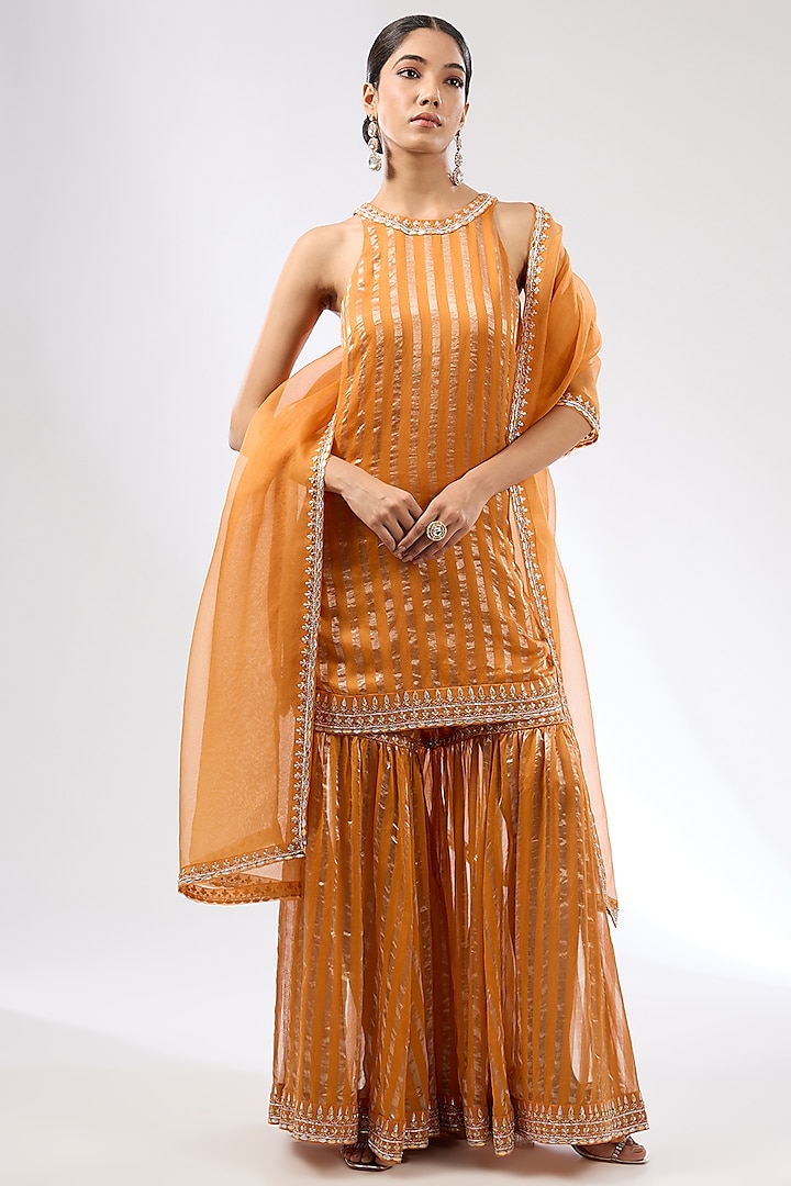 Burnt Orange Zari Chanderi Zardosi Embroidered Sharara Set by Priyal Prakash at Pernia's Pop Up Shop