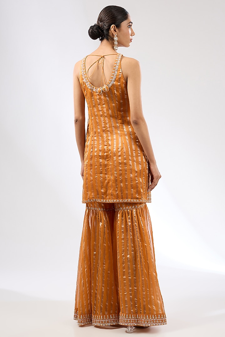 Burnt Orange Zari Chanderi Zardosi Embroidered Wedding Sharara Set by Priyal Prakash at Pernia's Pop Up Shop