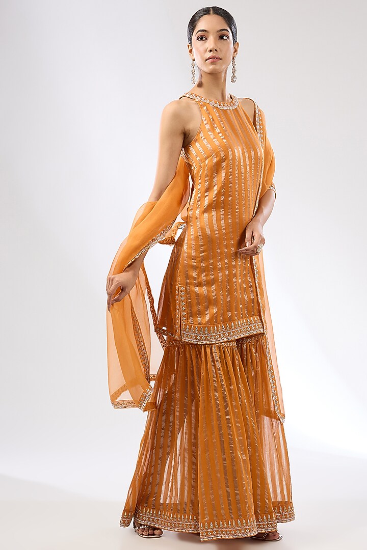 Burnt Orange Zari Chanderi Zardosi Embroidered Wedding Sharara Set by Priyal Prakash at Pernia's Pop Up Shop