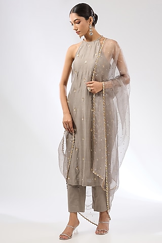 Stone Grey Zari Chanderi Zardosi Embroidered Kurta Set by Priyal Prakash