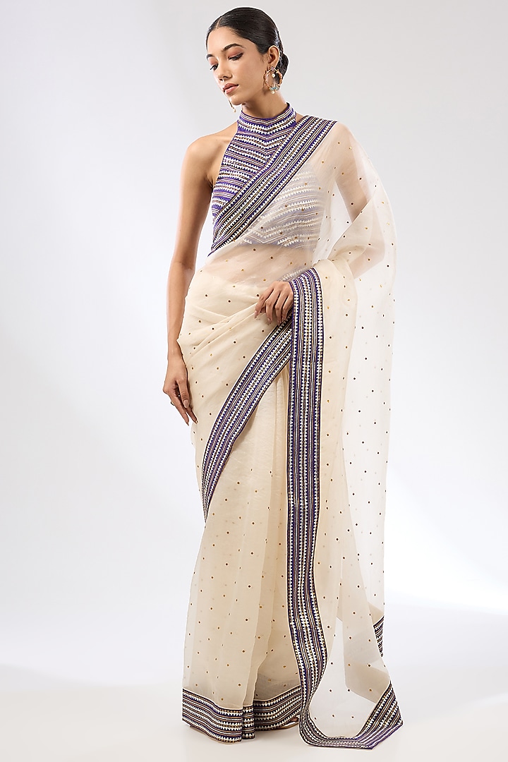 Ivory & Violet Silk Organza Sequins Embroidered Saree Set by Priyal Prakash at Pernia's Pop Up Shop