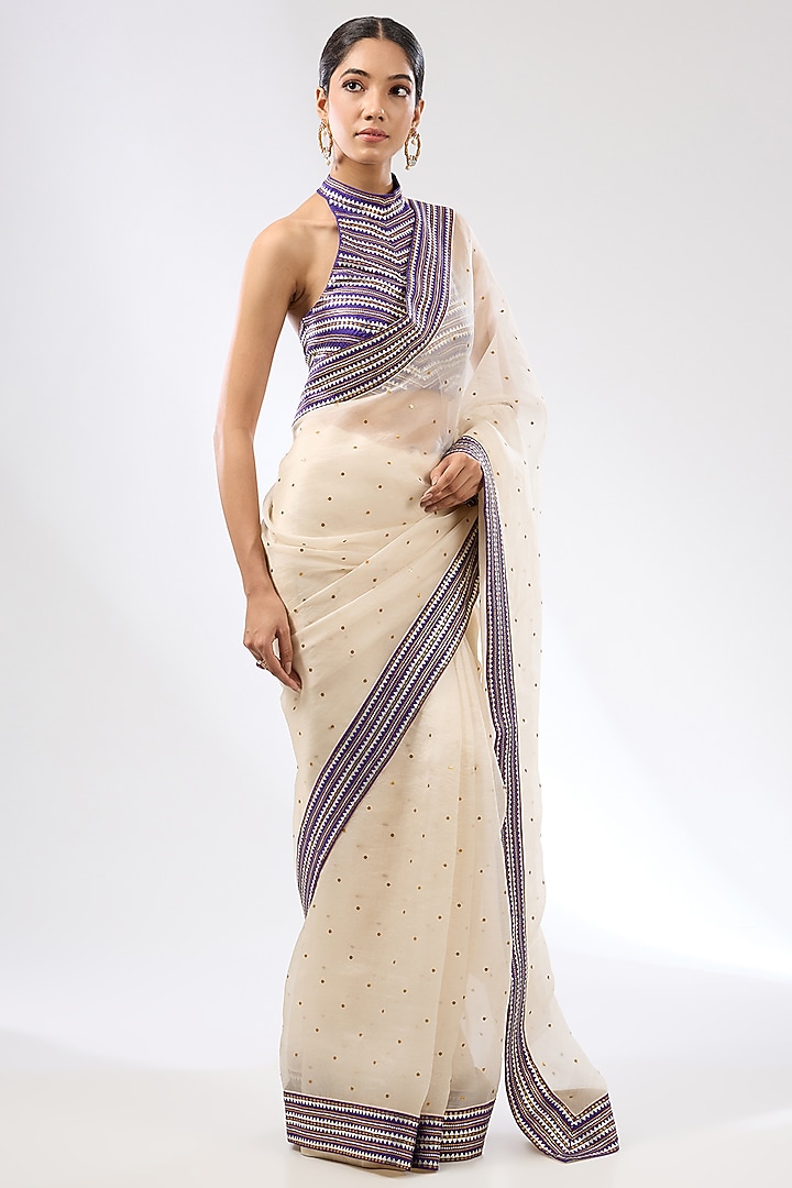Ivory & Violet Silk Organza Sequins Embroidered Wedding Saree Set by Priyal Prakash at Pernia's Pop Up Shop