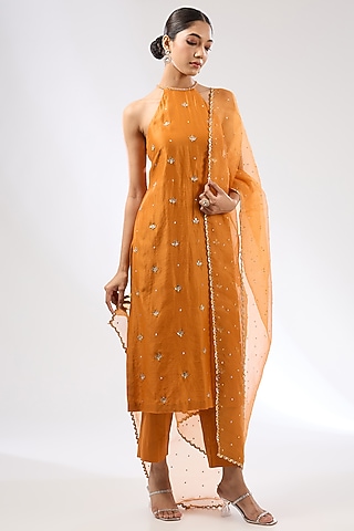 Burnt Orange Chanderi Zardosi Embroidered Kurta Set by Priyal Prakash