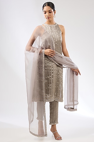 Stone Grey Zari Chanderi Zardosi Embroidered Kurta Set by Priyal Prakash