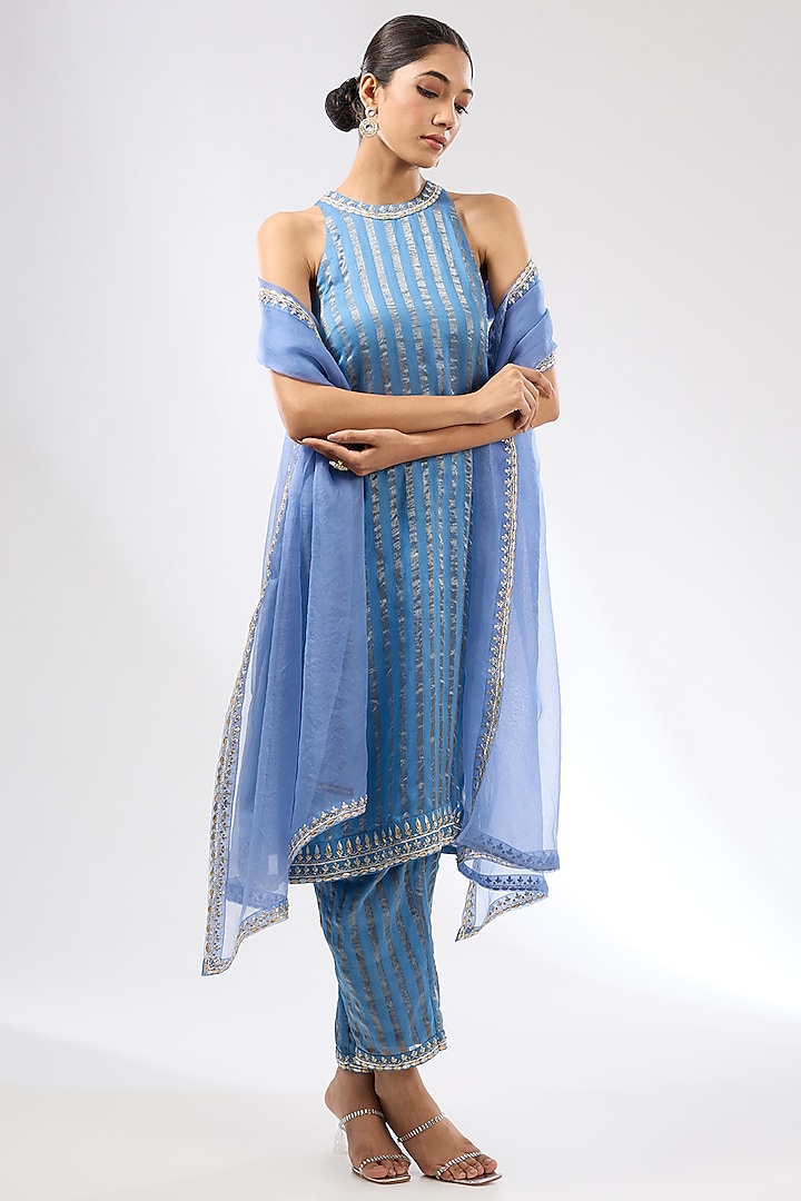 Cerulean Blue Zari Chanderi Zardosi Embroidered Kurta Set by Priyal Prakash at Pernia's Pop Up Shop