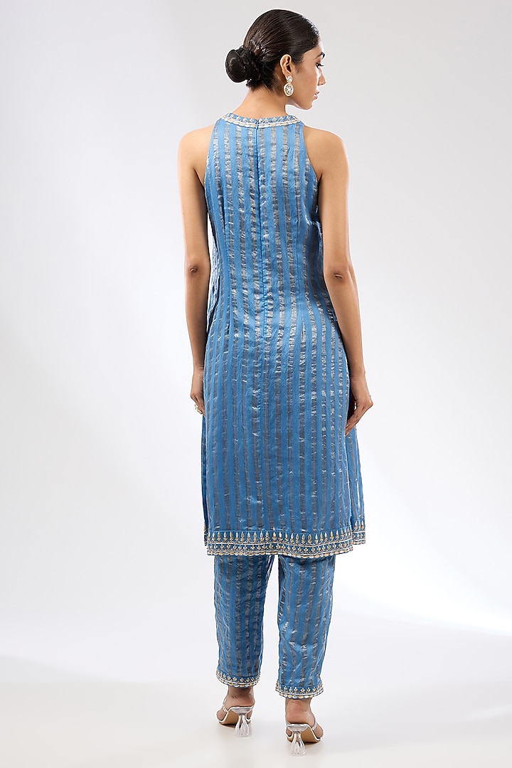 Cerulean Blue Zari Chanderi Zardosi Embroidered Kurta Set by Priyal Prakash at Pernia's Pop Up Shop