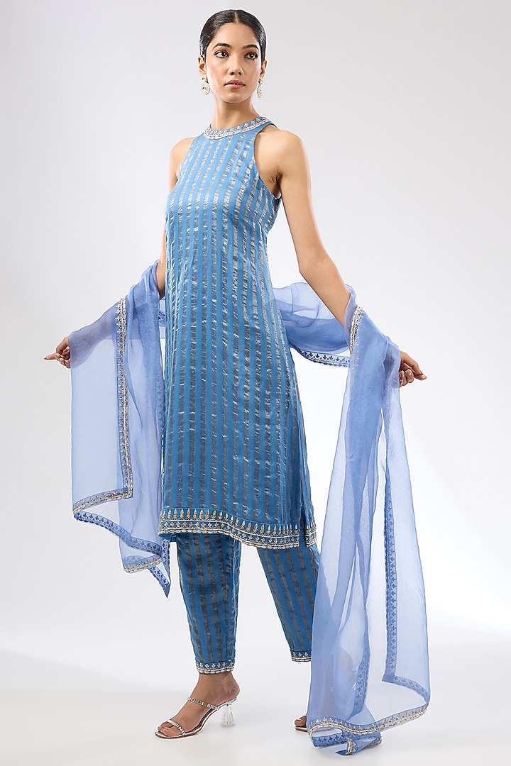 Cerulean Blue Zari Chanderi Zardosi Embroidered Kurta Set by Priyal Prakash at Pernia's Pop Up Shop