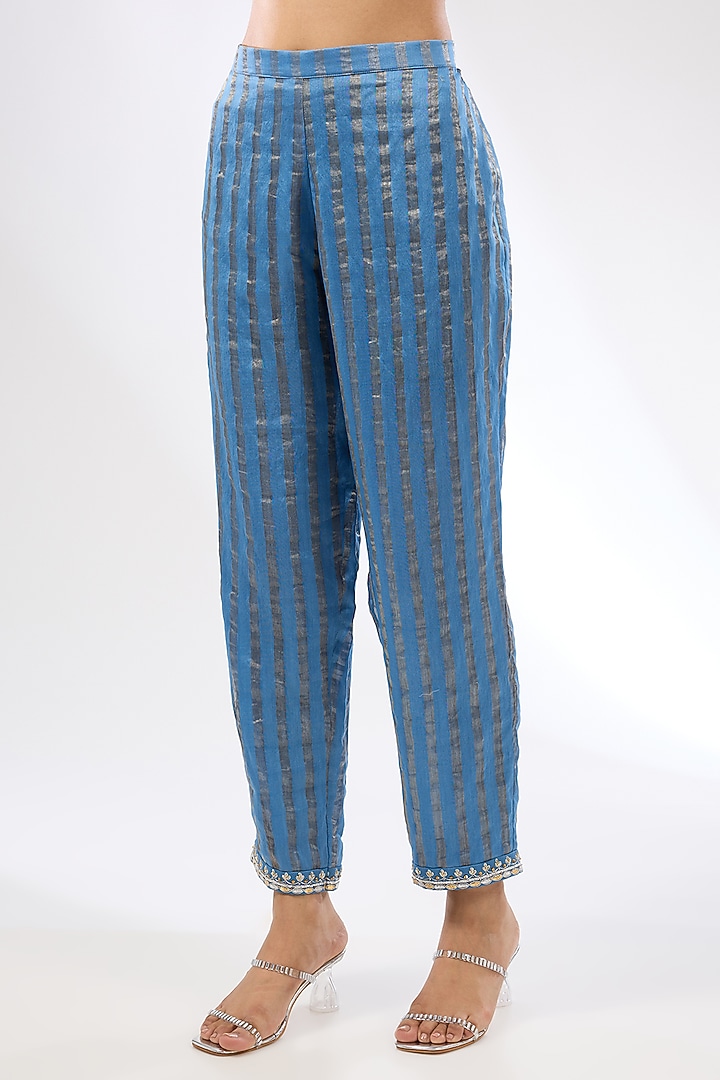 Cerulean Blue Zari Chanderi Zardosi Embroidered Kurta Set by Priyal Prakash at Pernia's Pop Up Shop