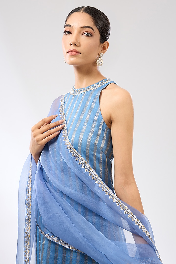 Cerulean Blue Zari Chanderi Zardosi Embroidered Kurta Set by Priyal Prakash at Pernia's Pop Up Shop
