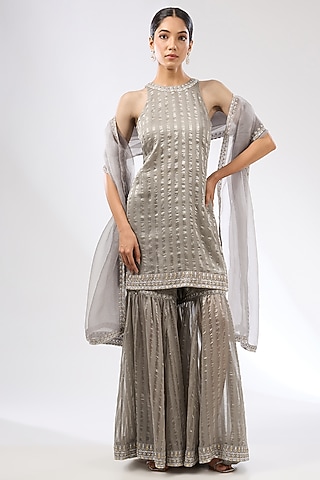 Stone Grey Zari Chanderi Zardosi Embroidered Sharara Set by Priyal Prakash