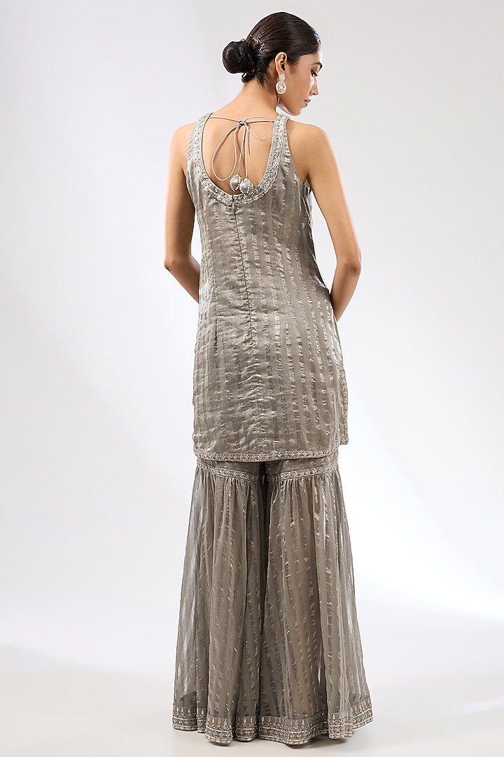 Stone Grey Zari Chanderi Zardosi Embroidered Wedding Sharara Set by Priyal Prakash at Pernia's Pop Up Shop