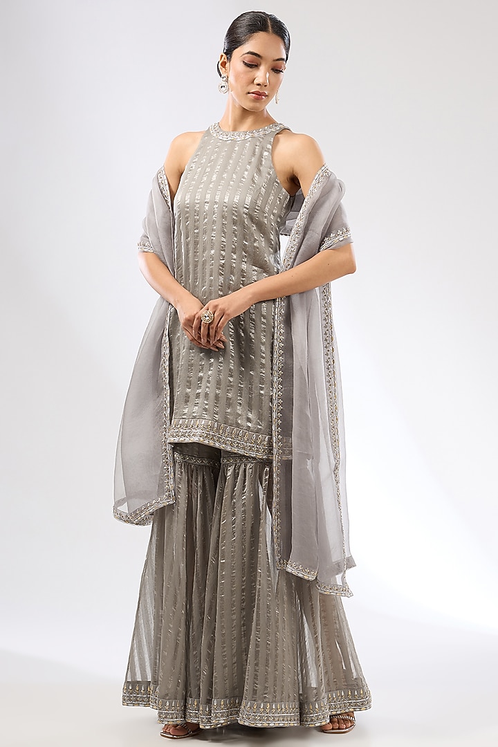 Stone Grey Zari Chanderi Zardosi Embroidered Wedding Sharara Set by Priyal Prakash at Pernia's Pop Up Shop