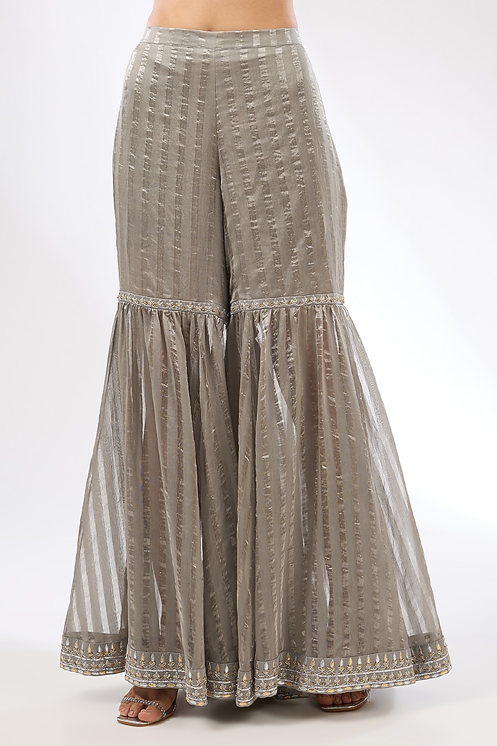 Stone Grey Zari Chanderi Zardosi Embroidered Wedding Sharara Set by Priyal Prakash at Pernia's Pop Up Shop