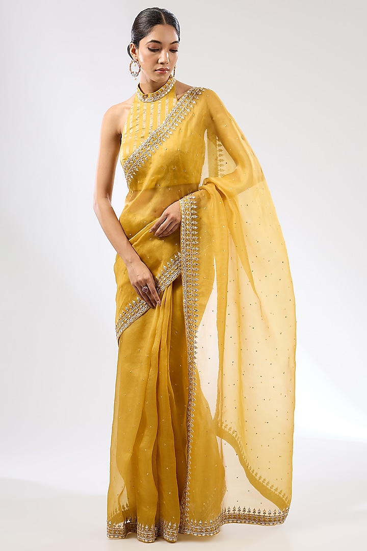 Mustard Silk Organza Zardosi Embroidered Saree Set by Priyal Prakash at Pernia's Pop Up Shop