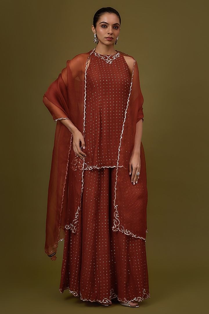 Rust Mukaish Dotted Chanderi Sharara Set by Priyal Prakash at Pernia's Pop Up Shop
