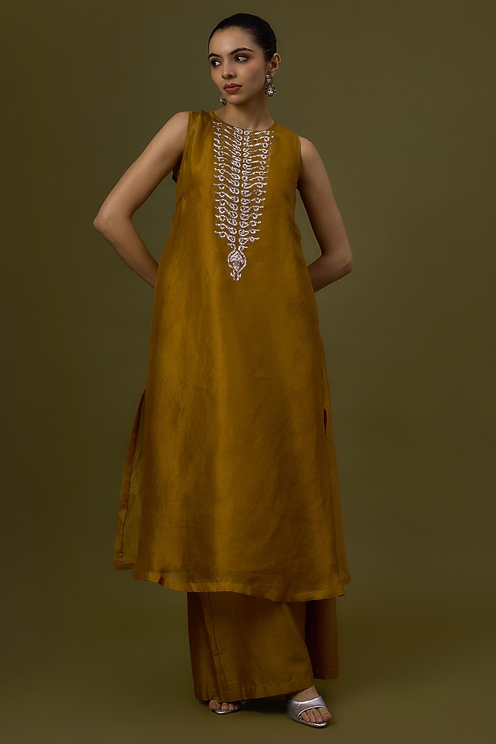 Mustard Silk Organza Embroidered Kurta Set by Priyal Prakash at Pernia's Pop Up Shop