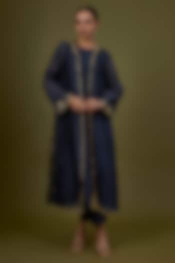 Navy Blue Chanderi Gota-Patti Embroidered Jacket Kurta Set by Priyal Prakash at Pernia's Pop Up Shop