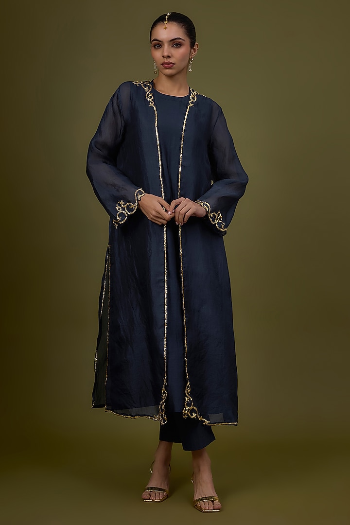 Navy Blue Chanderi Gota-Patti Embroidered Jacket Kurta Set by Priyal Prakash at Pernia's Pop Up Shop