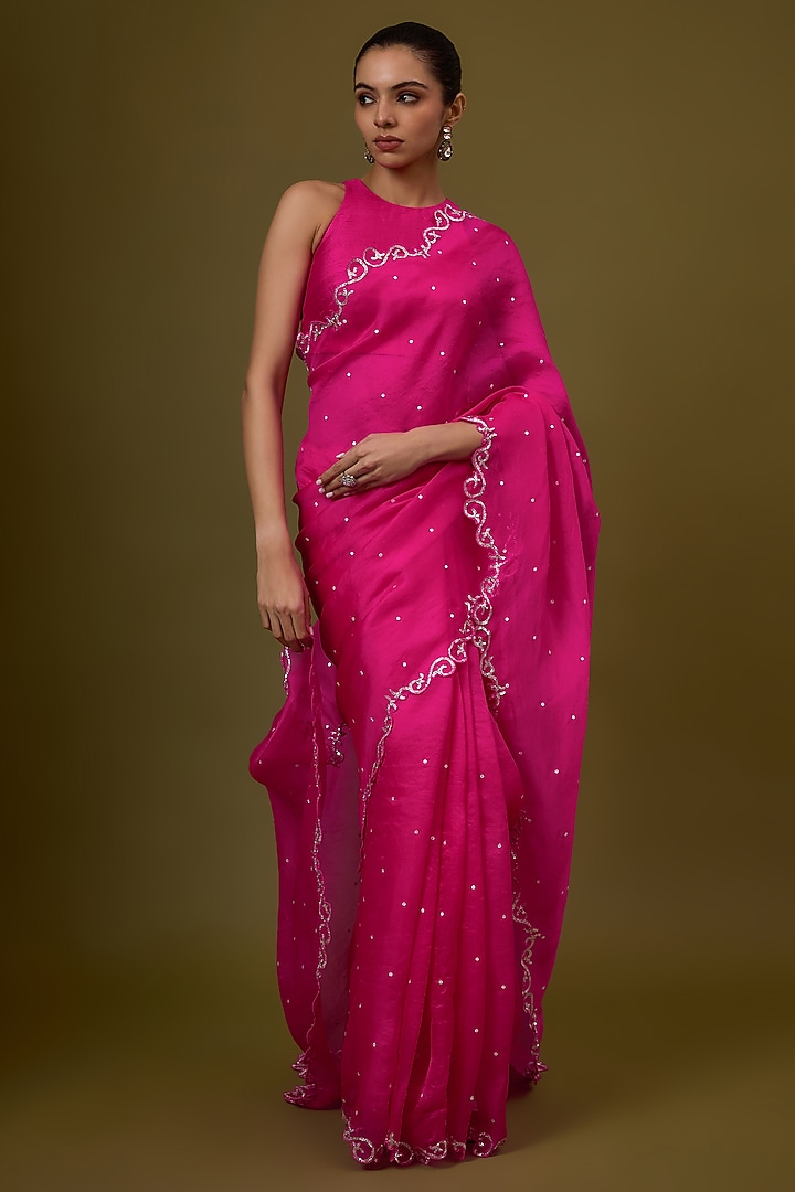 Magenta Silk Organza Scalloped Embroidered Party Wear Saree Set by Priyal Prakash at Pernia's Pop Up Shop