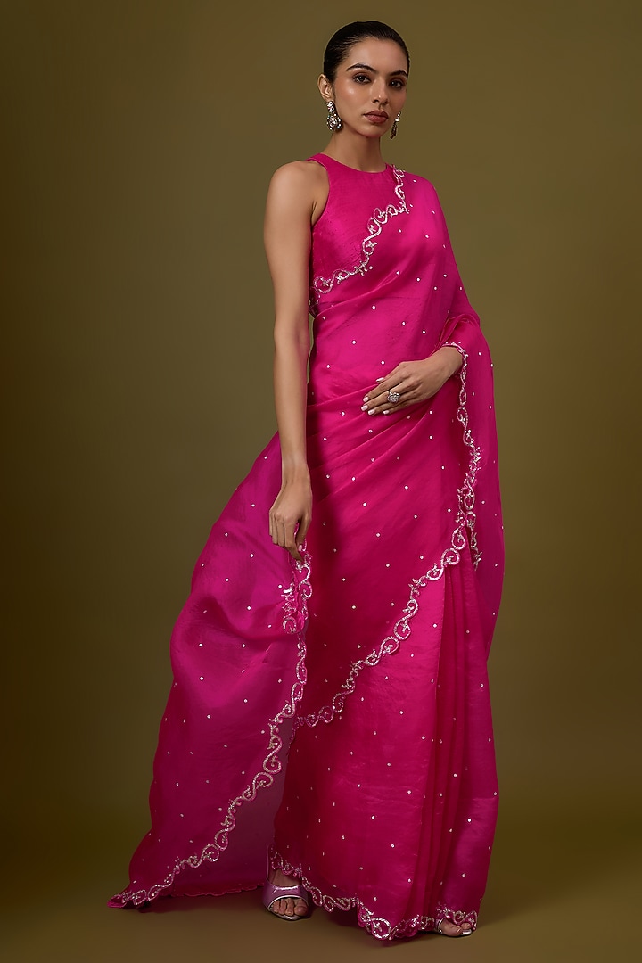 Magenta Silk Organza Scalloped Embroidered Party Wear Saree Set by Priyal Prakash at Pernia's Pop Up Shop