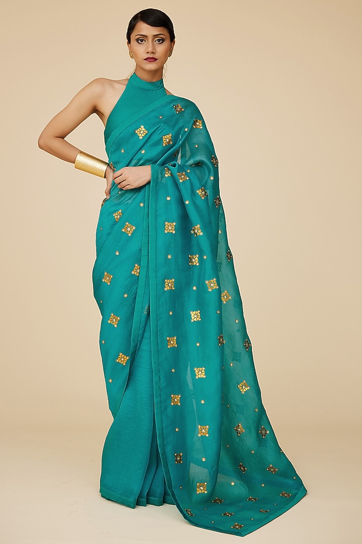 Teal Blue Silk Organza Aari Embroidered Party Wear Saree Set by Priyal Prakash at Pernia's Pop Up Shop