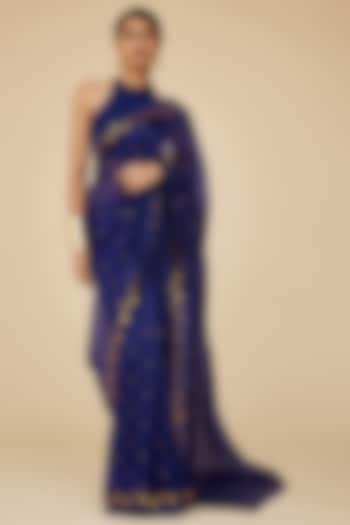 Ink Blue Silk Organza Aari Embroidered Saree Set by Priyal Prakash at Pernia's Pop Up Shop