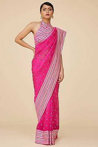 Fuchsia Silk Organza Aari Embroidered Saree Set by Priyal Prakash