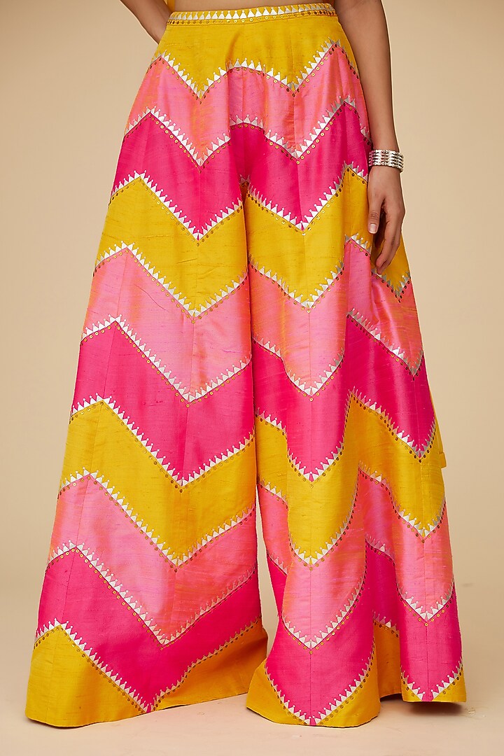 Multi-Colored Raw Silk Aari Embroidered Chevron Palazzo Pants Set by Priyal Prakash at Pernia's Pop Up Shop
