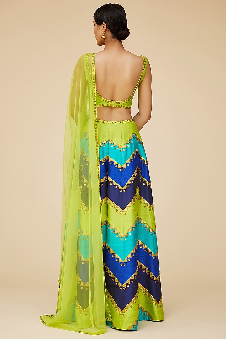 Multi-Colored Raw Silk Aari Embroidered Chevron Palazzo Pants Set by Priyal Prakash at Pernia's Pop Up Shop