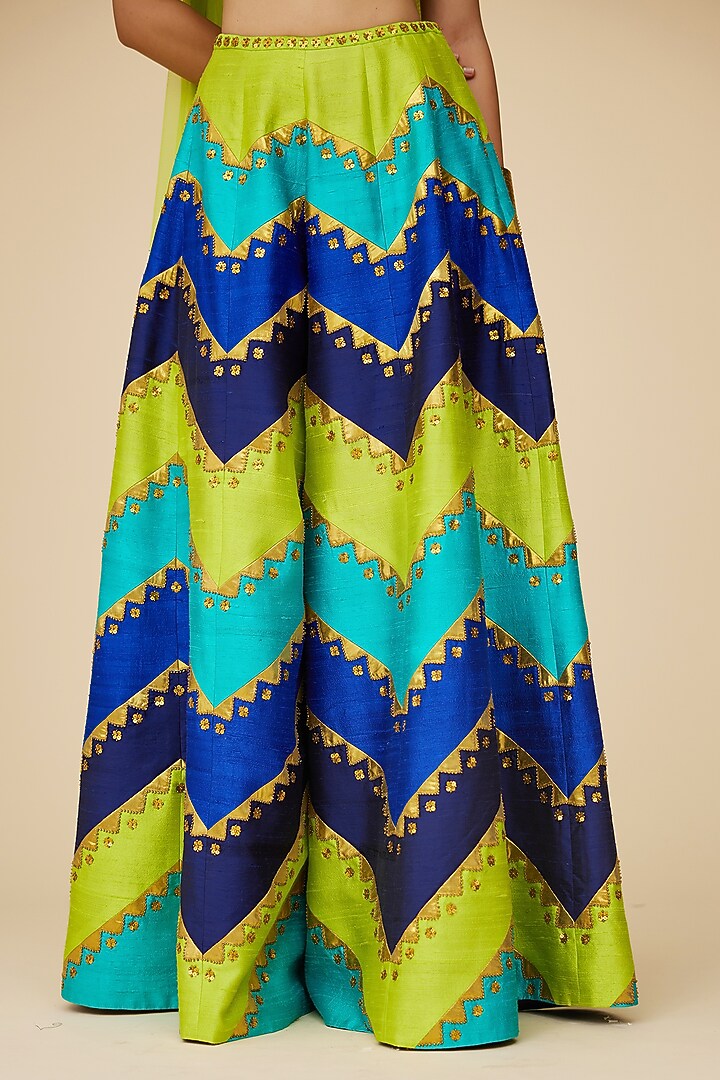 Multi-Colored Raw Silk Aari Embroidered Chevron Palazzo Pants Set by Priyal Prakash at Pernia's Pop Up Shop