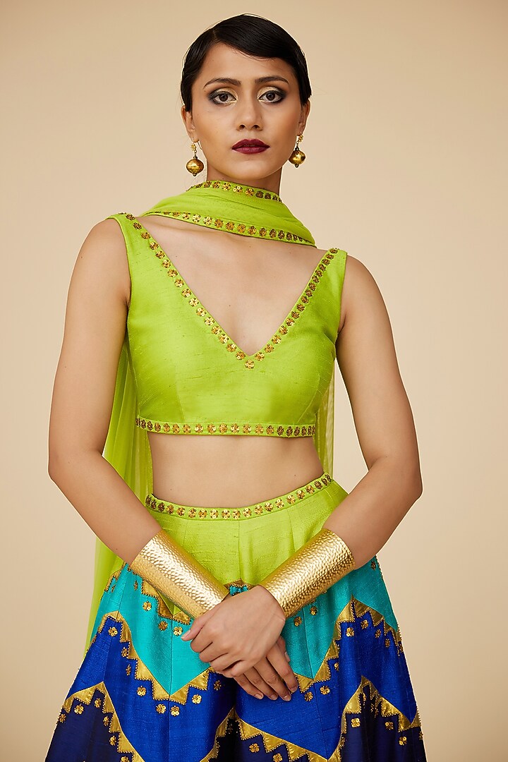Multi-Colored Raw Silk Aari Embroidered Chevron Palazzo Pants Set by Priyal Prakash at Pernia's Pop Up Shop