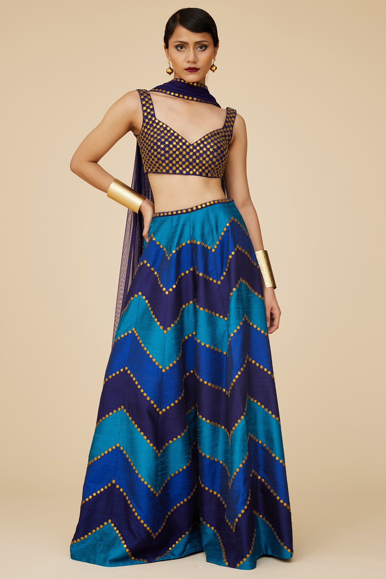 Multi-Colored Raw Silk Aari Embroidered Chevron Palazzo Pants Set by Priyal  Prakash at Pernia's Pop Up Shop 2025