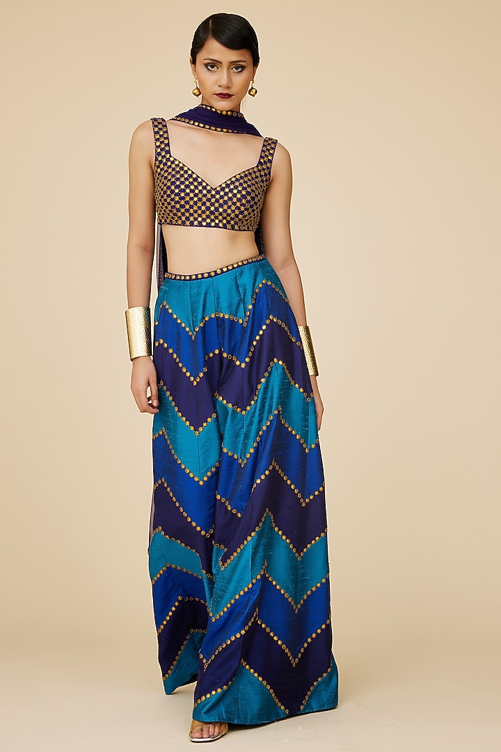 Multi-Colored Raw Silk Aari Embroidered Chevron Palazzo Pants Set by Priyal Prakash at Pernia's Pop Up Shop