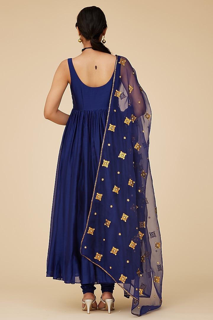 Ink Blue Chanderi Aari Embroidered Party Wear Anarkali Set by Priyal Prakash at Pernia's Pop Up Shop