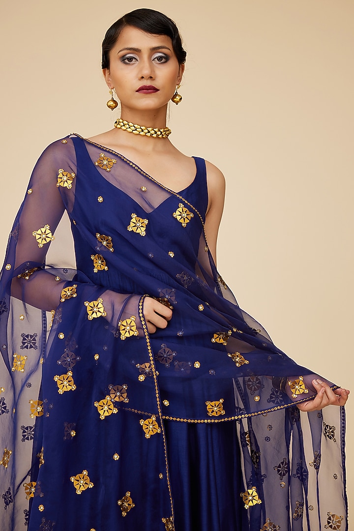 Ink Blue Chanderi Aari Embroidered Party Wear Anarkali Set by Priyal Prakash at Pernia's Pop Up Shop