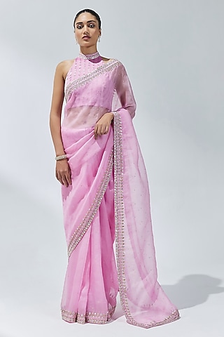 Orchid Pink Silk Organza Zardosi Embroidered Saree Set by Priyal Prakash