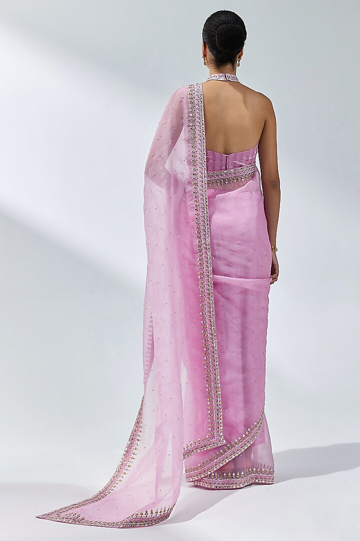 Orchid Pink Silk Organza Zardosi Embroidered Wedding Saree Set by Priyal Prakash at Pernia's Pop Up Shop