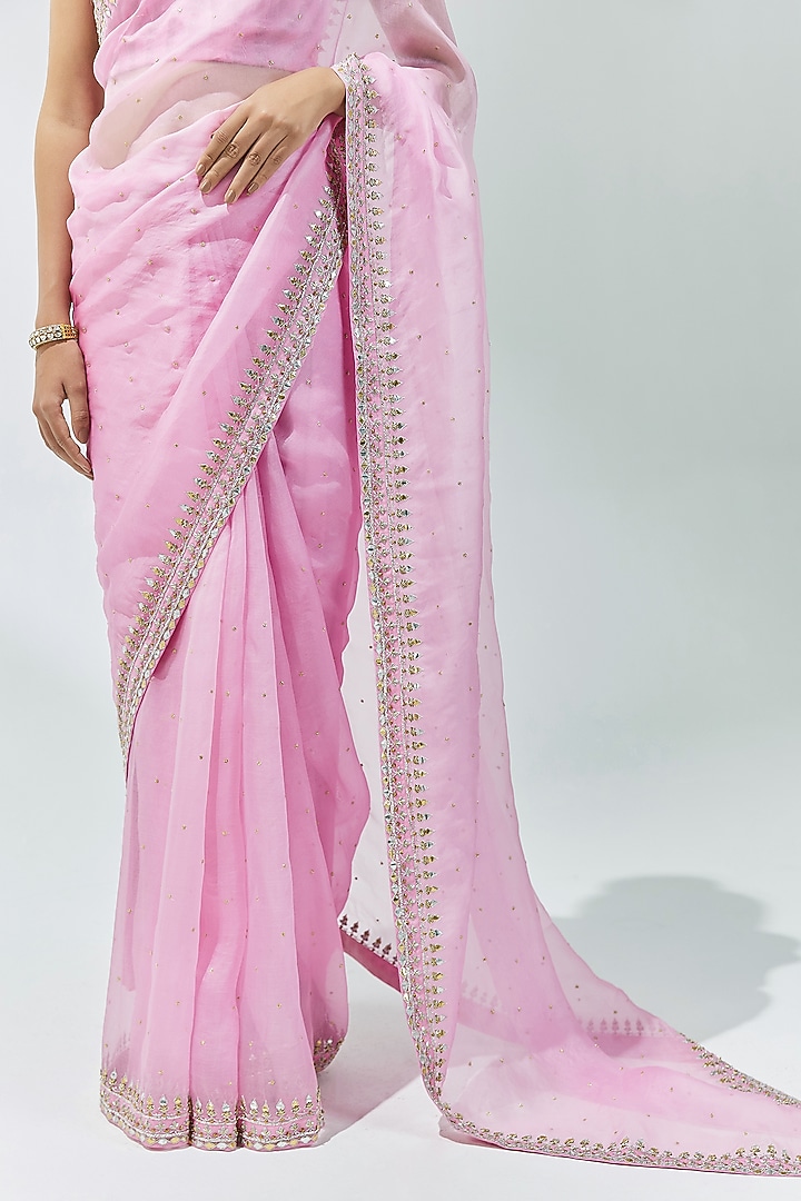Orchid Pink Silk Organza Zardosi Embroidered Wedding Saree Set by Priyal Prakash at Pernia's Pop Up Shop
