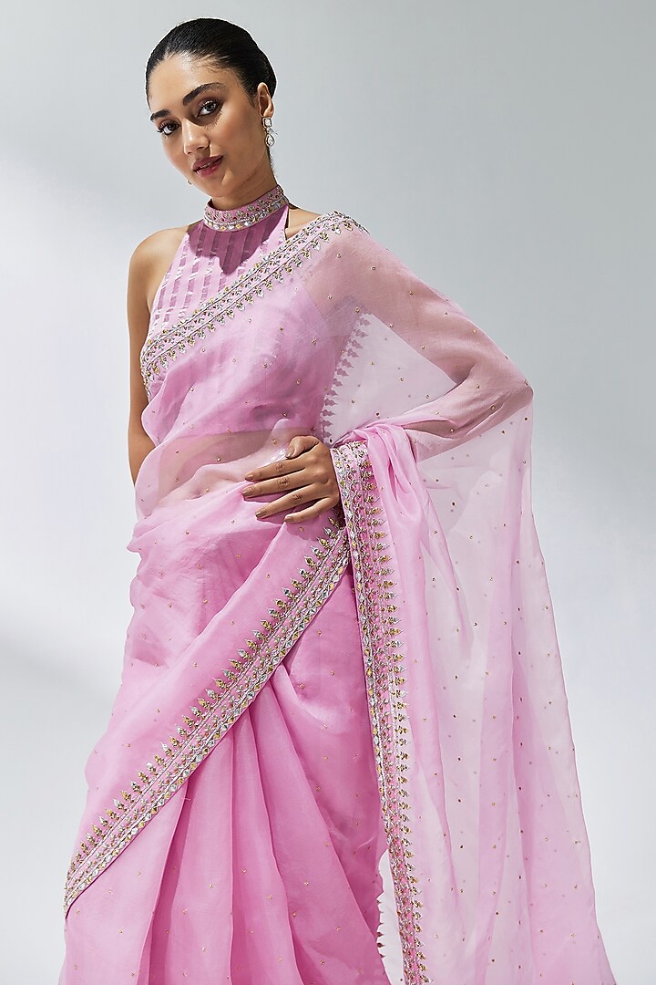Orchid Pink Silk Organza Zardosi Embroidered Wedding Saree Set by Priyal Prakash at Pernia's Pop Up Shop