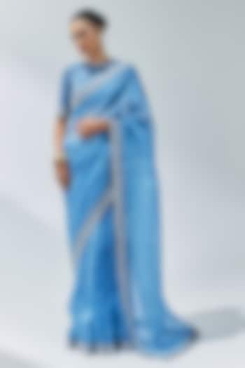 Cerulean Blue Silk Organza Zardosi Embroidered Saree Set by Priyal Prakash at Pernia's Pop Up Shop