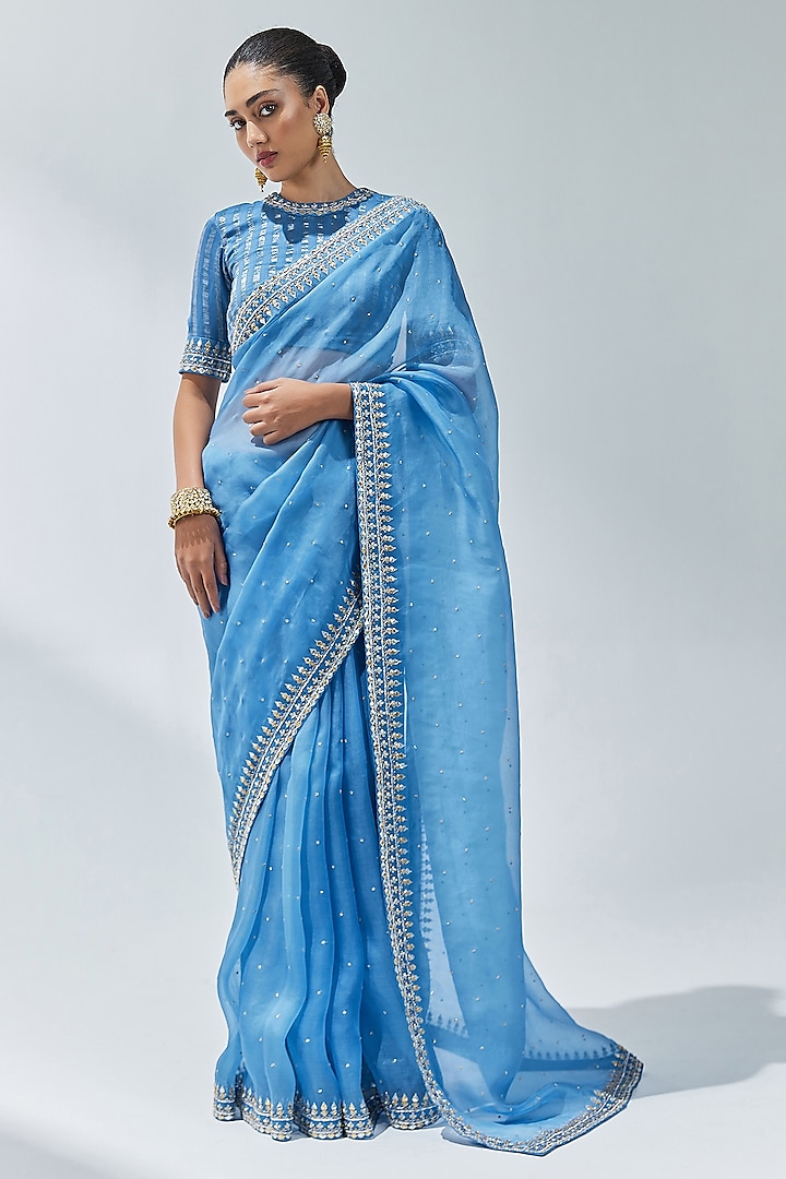 Cerulean Blue Silk Organza Zardosi Embroidered Saree Set by Priyal Prakash at Pernia's Pop Up Shop