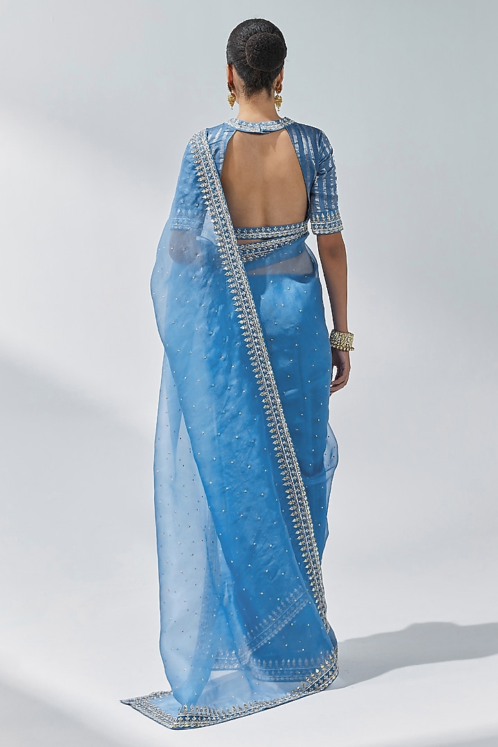 Cerulean Blue Silk Organza Zardosi Embroidered Wedding Saree Set by Priyal Prakash at Pernia's Pop Up Shop