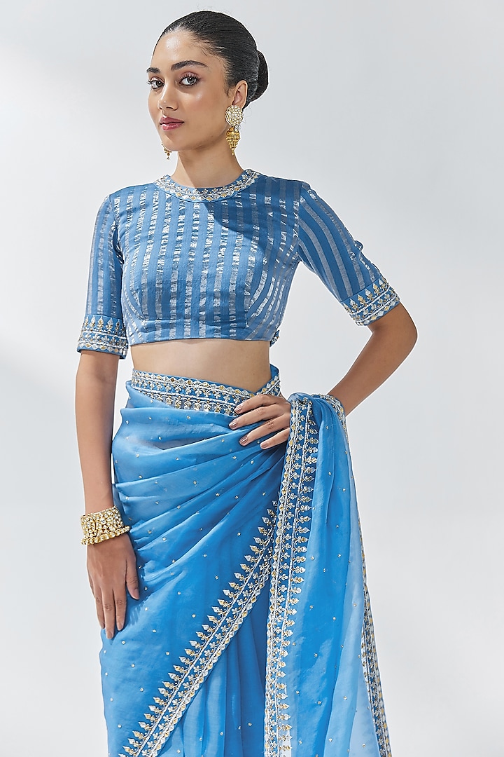 Cerulean Blue Silk Organza Zardosi Embroidered Wedding Saree Set by Priyal Prakash at Pernia's Pop Up Shop