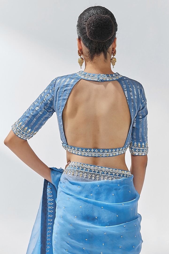 Cerulean Blue Silk Organza Zardosi Embroidered Wedding Saree Set by Priyal Prakash at Pernia's Pop Up Shop