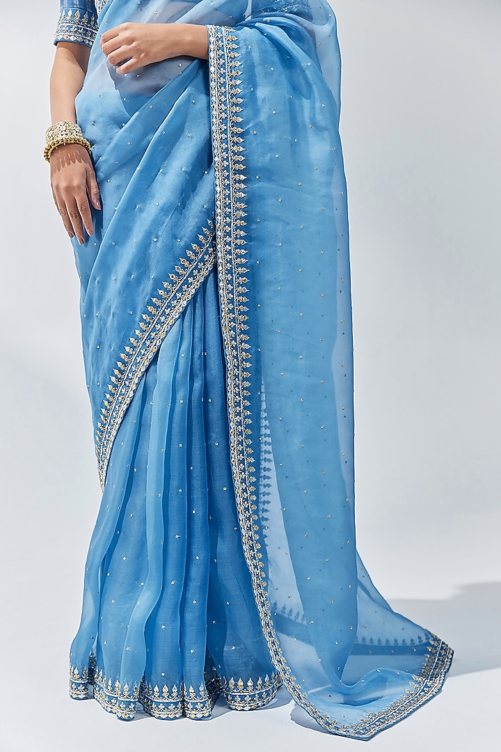 Cerulean Blue Silk Organza Zardosi Embroidered Wedding Saree Set by Priyal Prakash at Pernia's Pop Up Shop