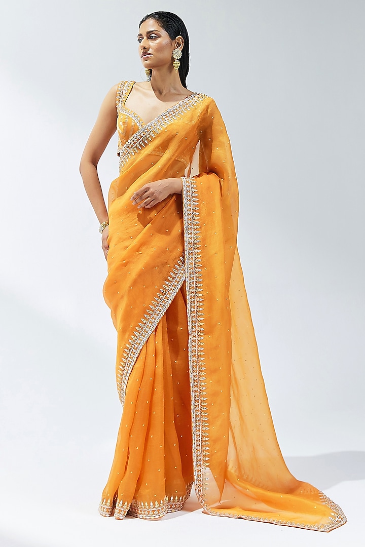 Burnt Orange Silk Organza Zardosi Embroidered Saree Set by Priyal Prakash at Pernia's Pop Up Shop