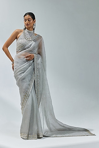 Stone Grey Silk Organza Zardosi Embroidered Saree Set by Priyal Prakash