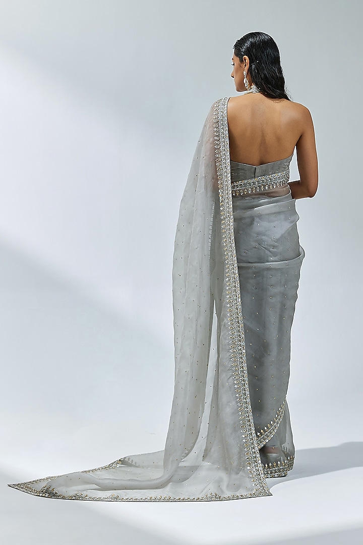 Stone Grey Silk Organza Zardosi Embroidered Wedding Saree Set by Priyal Prakash at Pernia's Pop Up Shop